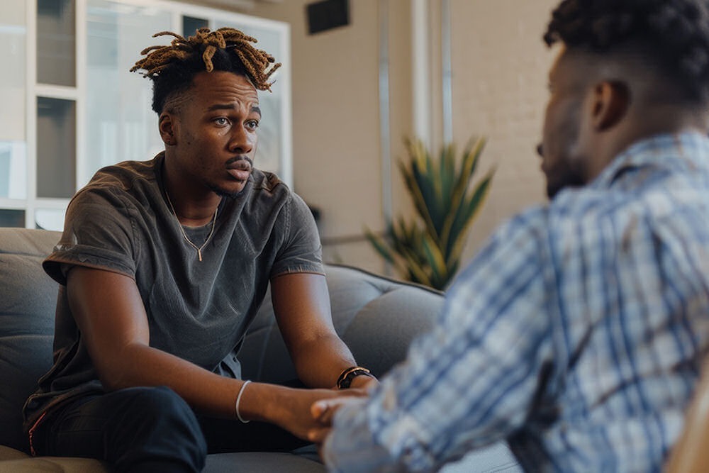 two men sitting across from each other talking